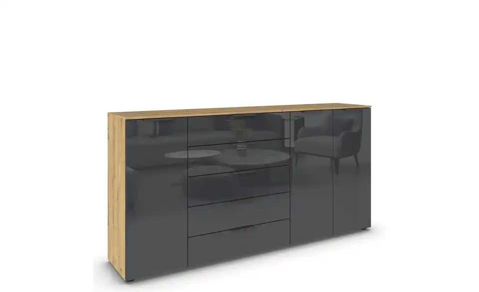 Sideboard Basaltgrau, Eiche Artisan (Nachbildung) Front: Glas, Oberboden: Dekor Graphit