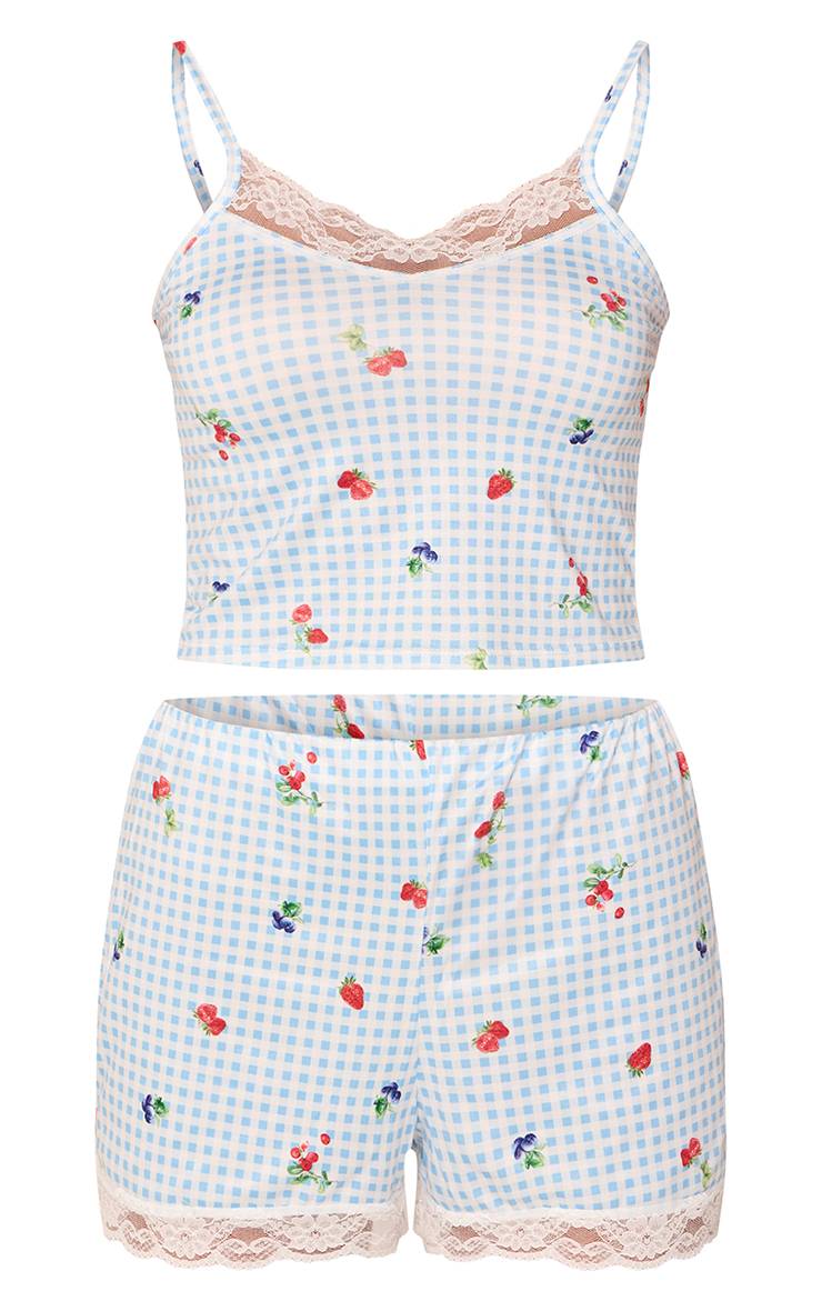 Bleu Layette Ensemble Pyjama Court À Carreaux Vichy Imprimé Baies Avec Finition Dentelle