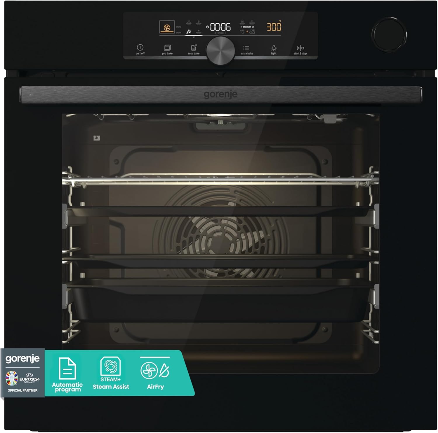 Gorenje 738009 OptiBake Advanced BSA 6747 A04BG Einbau-Backofen / 77L / Heißluft/AutoBake/Touch Bedienung/Bratenthermometer/GentleClose & Open/SteamAssist/StepBake/PizzaMode 300°C/schwarz