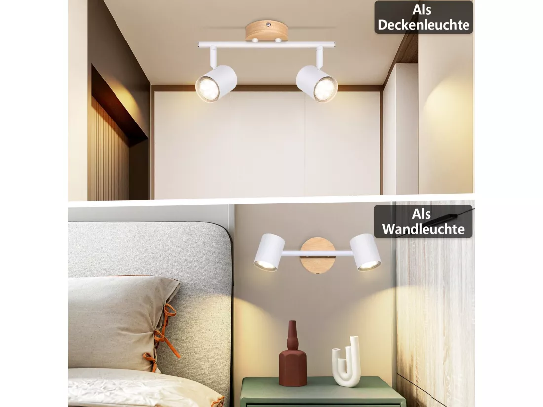 NETTLIFE Plafonnier LED 2 flamme - Blanc Plafonnier GU10 Spot pivotant Applique murale en bois Spot mural pour salon chambre Sans ampoule