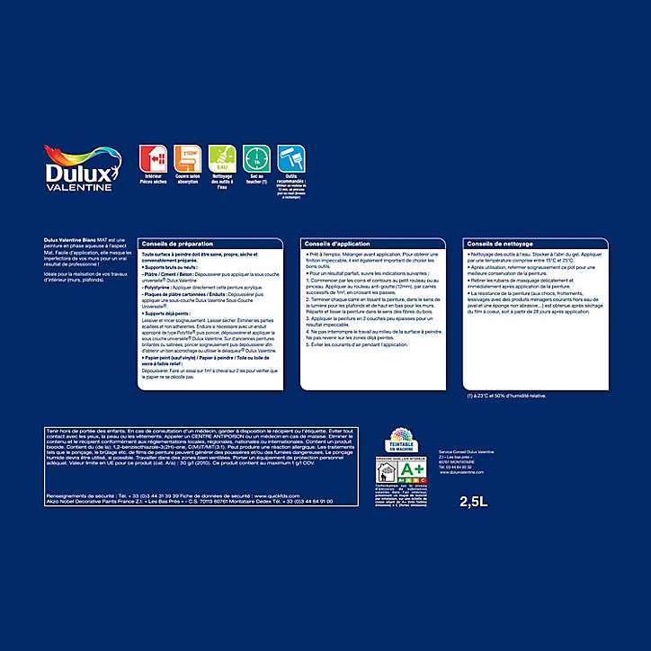 Peinture murs et plafonds phase aqueuse Dulux Valentine mat blanc 2,5L