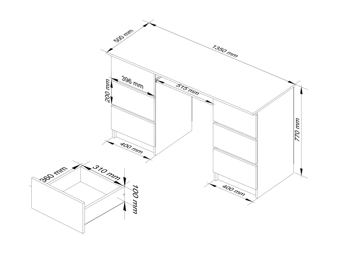 Bureau d'ordinateur AKORD A11 Aulne 135 cm 6 tiroirs façade Aulne 135x50x77 cm