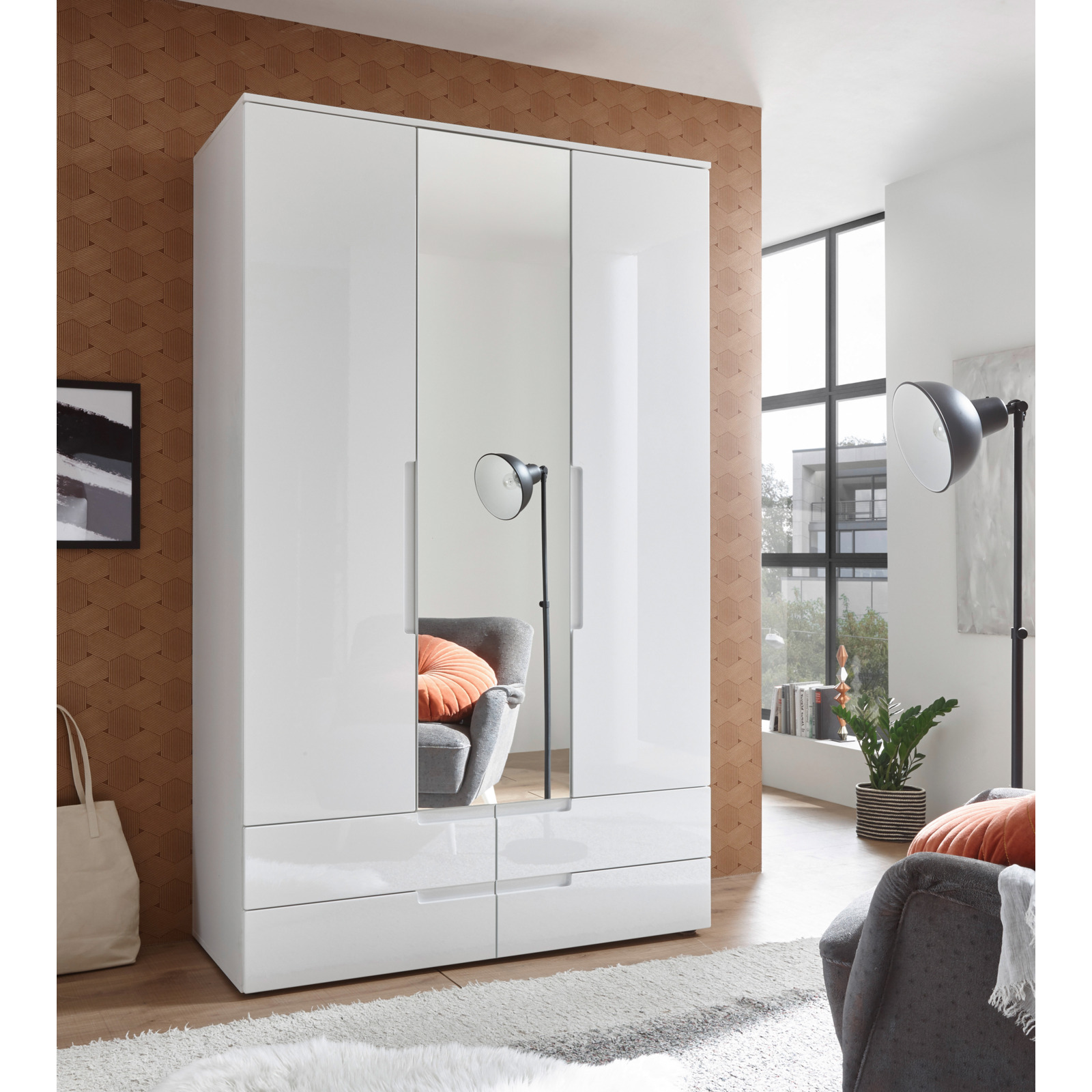 Drehtürenschrank Spice weiss, mit Spiegel 126 x 208 x 57 cm