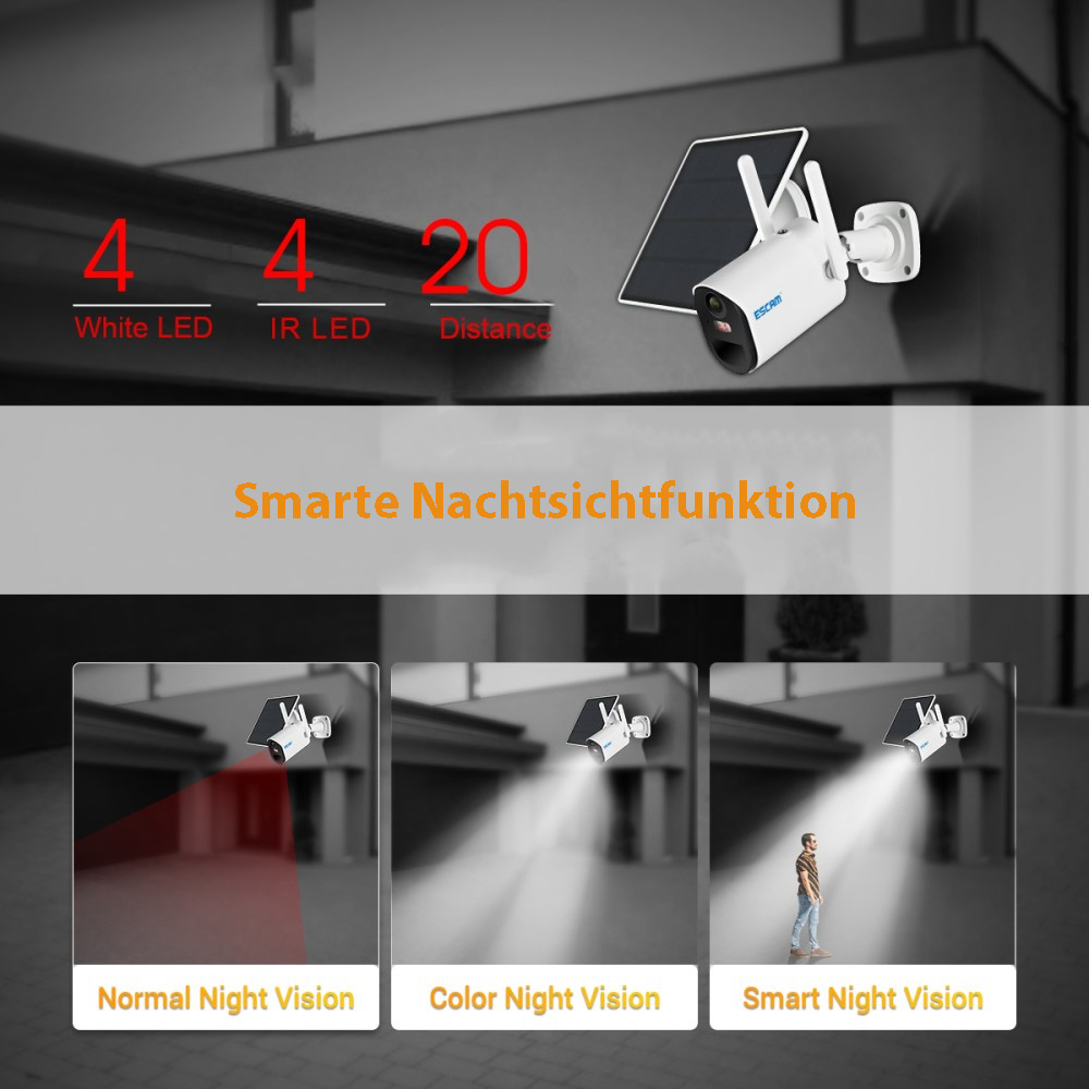 4G SIM Solar IP Kamera FullHD 1080p Infrarot LED's Nachtsichtfunktion   Akku (14400mAh) / Micro SD / Wandhalterung iOS/Android (IP66) - Weiss