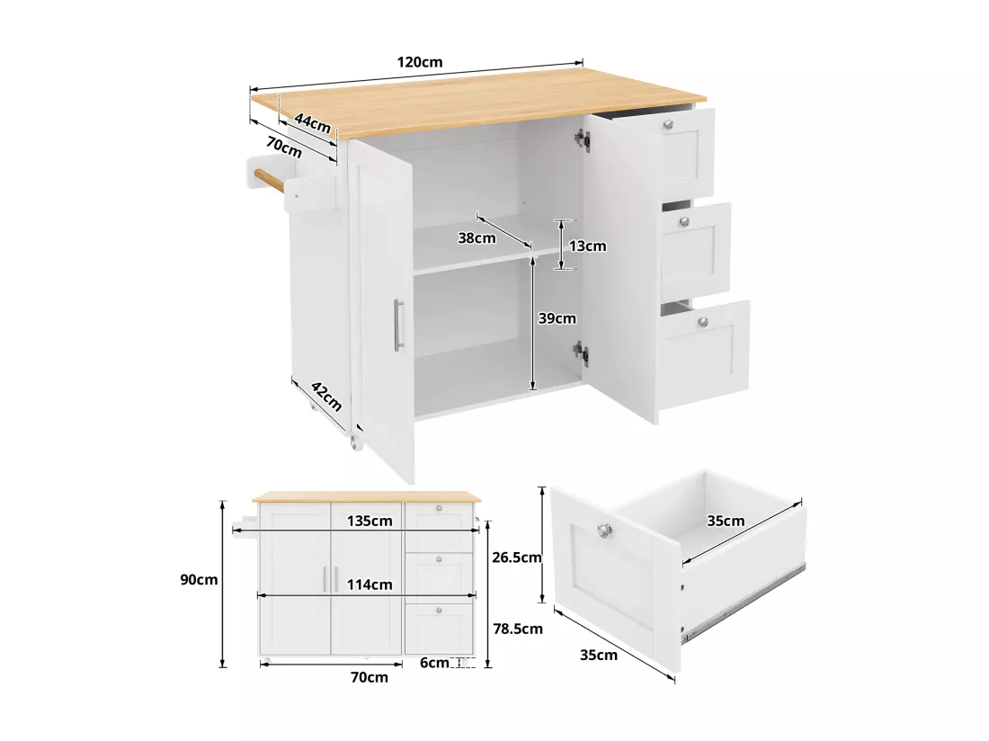 Buffet de cuisine,table de cuisine mobile,design pliable,avec 3 tiroirs et porte-serviettes,135x44(70)x90 cm,Blanc