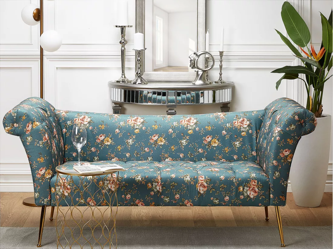 Chaise longue à motif floral bleu NANTILLY