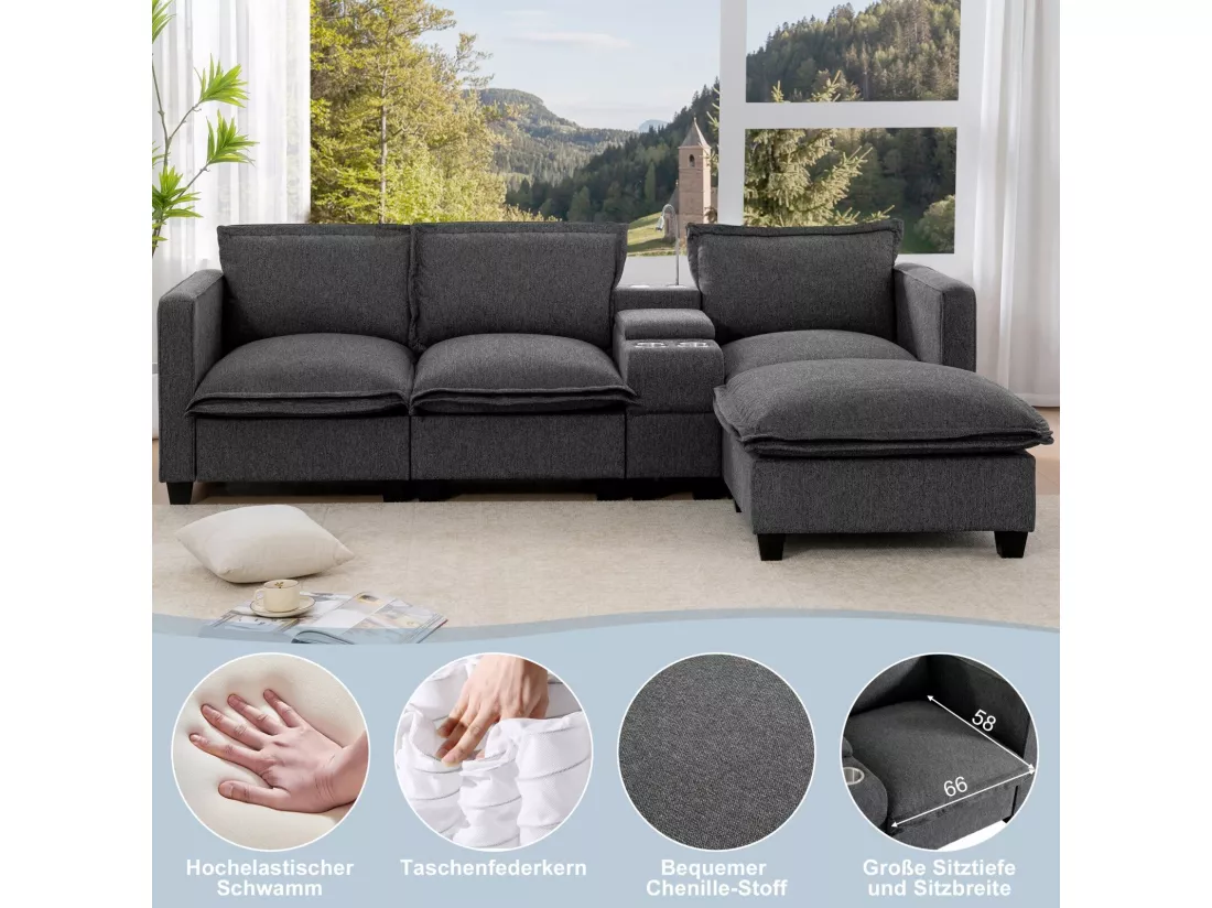 Canapé 3 places en tissu chenille avec pouf, ports USB, 2 porte-gobelets et lampe de lecture, 248x154x84cm, Gris