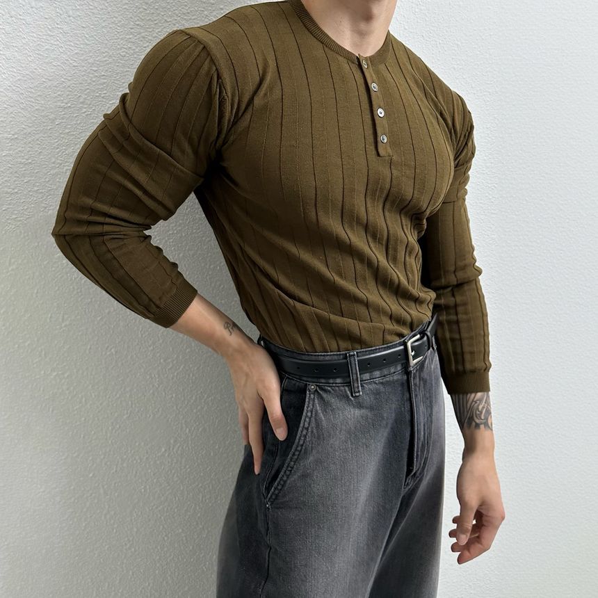 Okwano - Henley-top met lange mouwen en ronde hals, effen gebreid