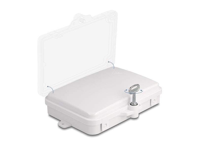 Delock LWL Verteilerbox IP65, 6 Port, Weiss Delock LWL Verteilerbox für Innen- und Aussenbereich IP65 wasserfest abschliessbar 6 Port weiss