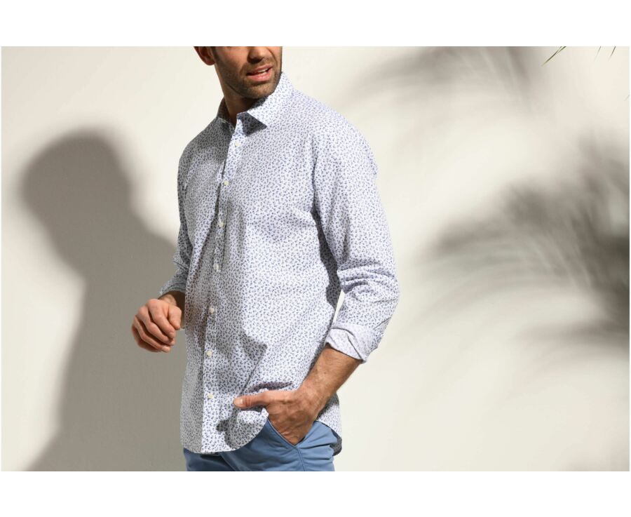 Chemise blanche imprimée fleurs bleues - Col français - MATHURIN