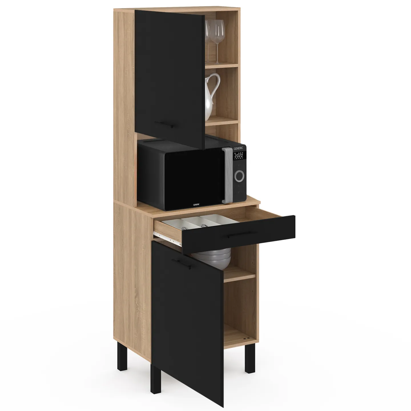 Buffet de cuisine 60 CM CINA 2 portes + tiroir façon hêtre et noir