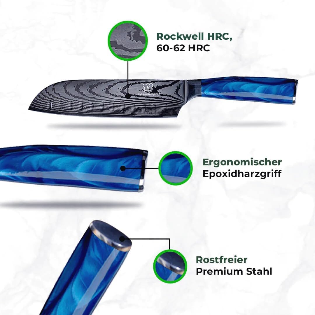 KÜCHENKOMPANE – Edelstahl Messerset Shiburu mit magn. Messerleiste als Messerblock | 8-teiliges Küchenmesser Set im Damast Design | Kochmesser mit ergonomischen Epoxid-Griff | Designed in Germany