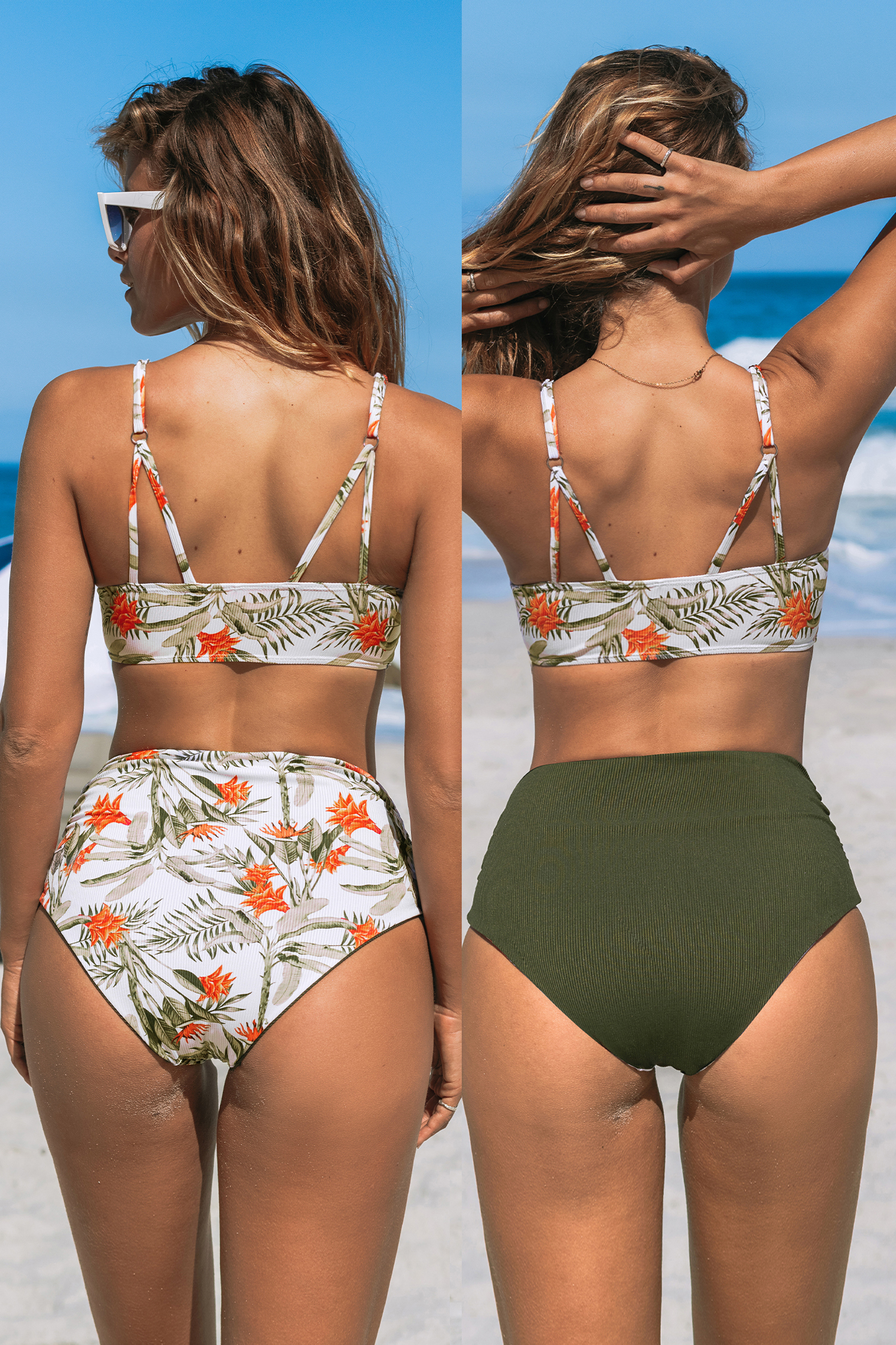 Bikini tropicale côtelée et bas ruché vert