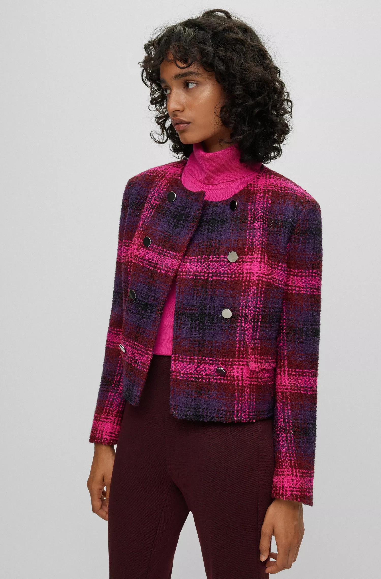 Jaqueta BOSS preta de corte slim em tweed com estampa xadrez Glen degradê.