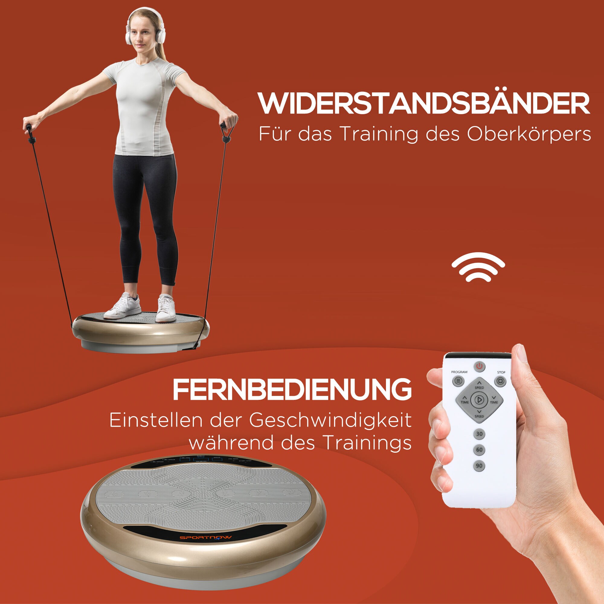 SPORTNOW Vibrationsplatte mit Expanderbänder gold, grau 59L x 59B x 15H cm