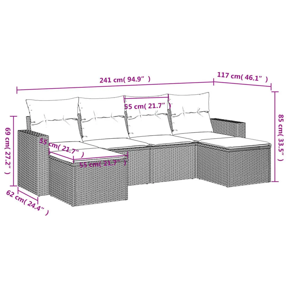 vidaXL Loungeset met kussens en 2 krukken - Grijs - Poly rattan - 6 stuks