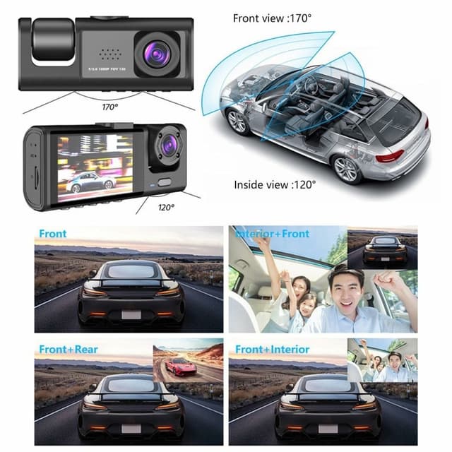 Bilkamera 3 objektiv vidvinkel 1080P HD bil DVR Dash Cam parkeringsskærm
