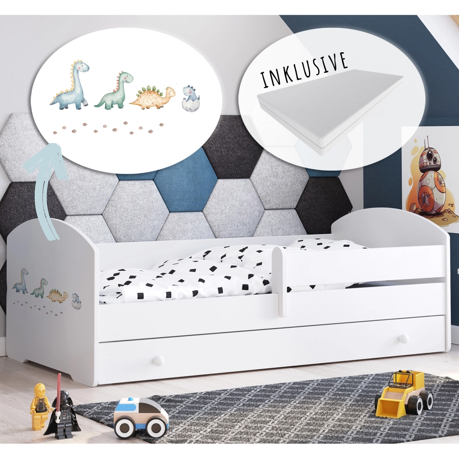 Kids Collective Kinderbett 70x140 | 80x160 cm mit Matratze und Schublade, Rausfallschutz Dinosaurier Motiv
