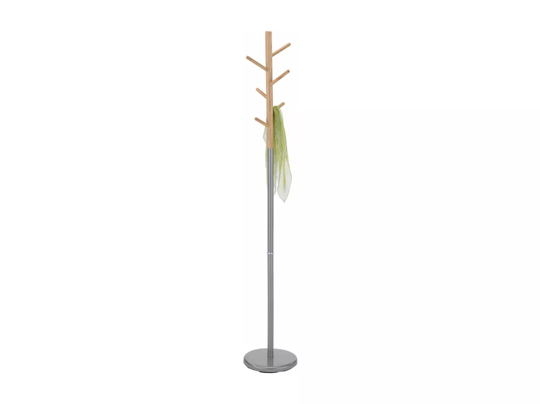 Porte-manteaux ENRICO portant à vêtements sur pied en forme d'arbre avec 6 crochets, en métal laqué gris et bois