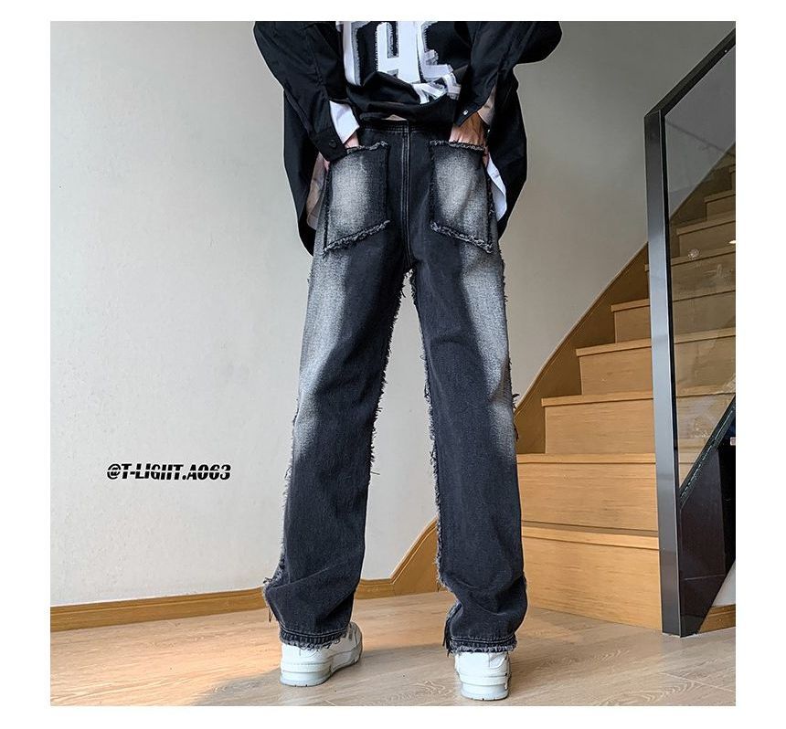 Freehop - Mid Rise Washed Distressed Loose-Fit Jeans