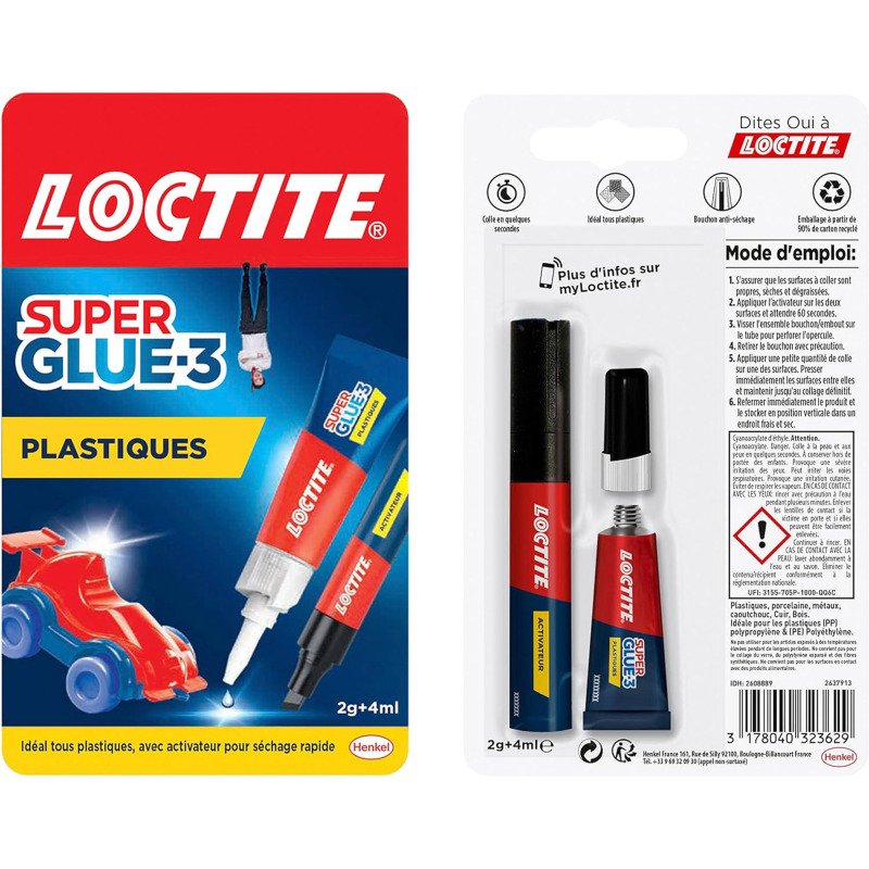Colle pour plastiques Super glue3  Loctite - Tube de 2 g + 4 ml