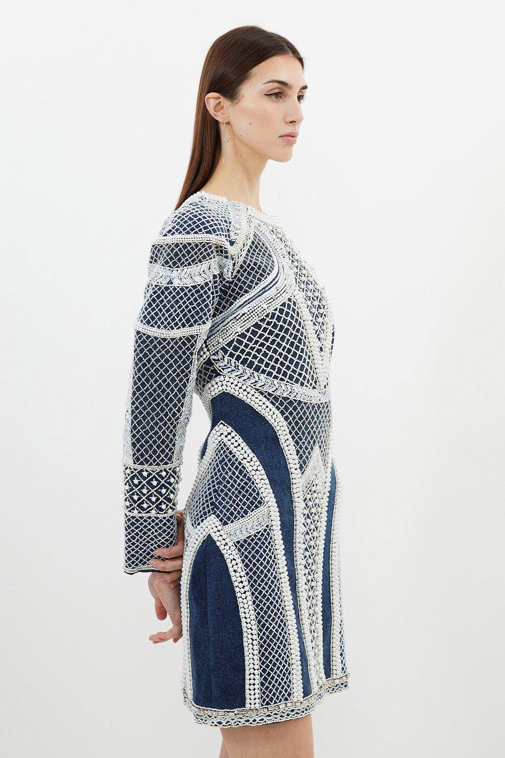 KarenMillen Robe Mini à Manches Longues ornée de perles