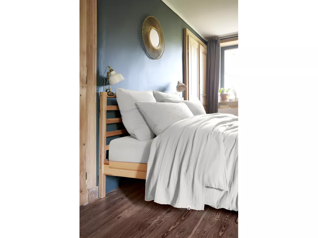Parure de draps Gaze de Coton - Gaïa Nuage - 5 pièces 1 Drap plat 240 x 300 + 1 Drap housse 160 x 200 + 2 Taies 60 x 60 + 1 Taie de Traversin