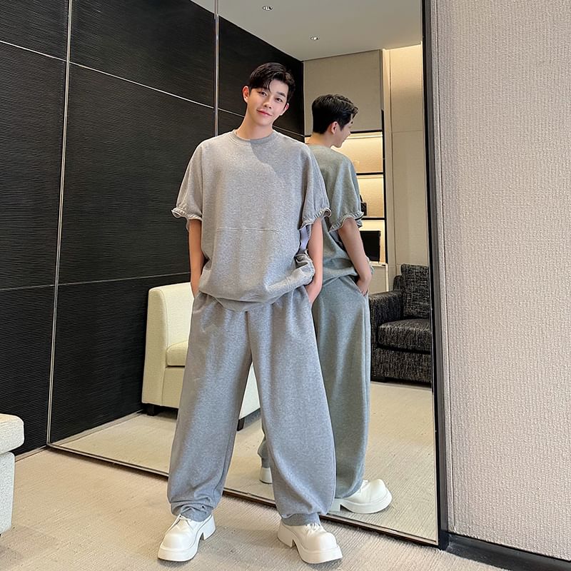 Patow - Set: ronde hals effen crop sweatshirt + wijde broek