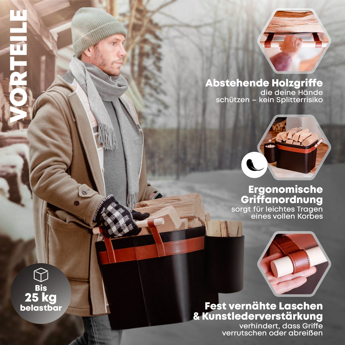 OAKAGE® LuxeLeather Duo Houten Mand Veganistisch Leer - met scheurvaste houten handvatten - 50x40x35cm