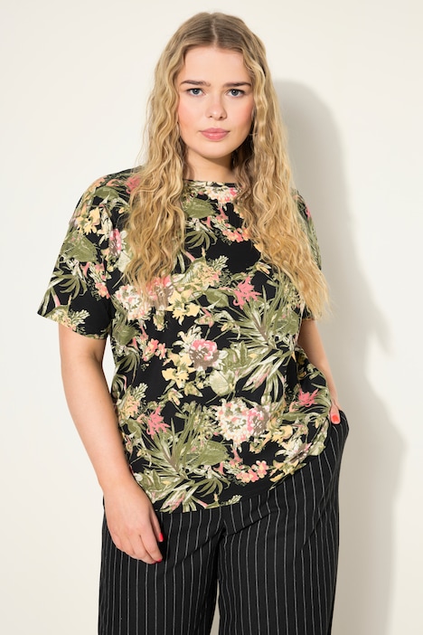 Oversized-Shirt, Tropical-Print, Rundhals, Halbarm