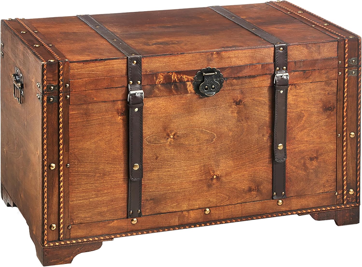 Kobolo Holztruhe KEEPER groß | 80x45x50 cm | braun | dekorative Holzkiste mit Deckel & Kunstlederverschluss | stabile Aufbewahrungsbox im Vintage Look | Truhe für Wohnzimmer, Kinderzimmer oder Flur