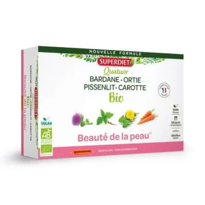 QUATUOR BEAUTE PEAU BIO – Prêle, Bardane, Ortie, Grenade – 20 Ampoules de 10ml