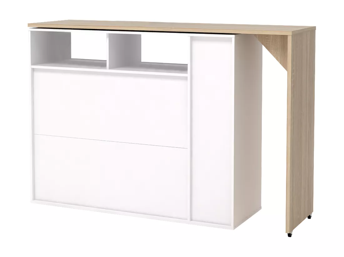 Meuble de bar pivotant avec rangements - Blanc et Naturel - VINALO
