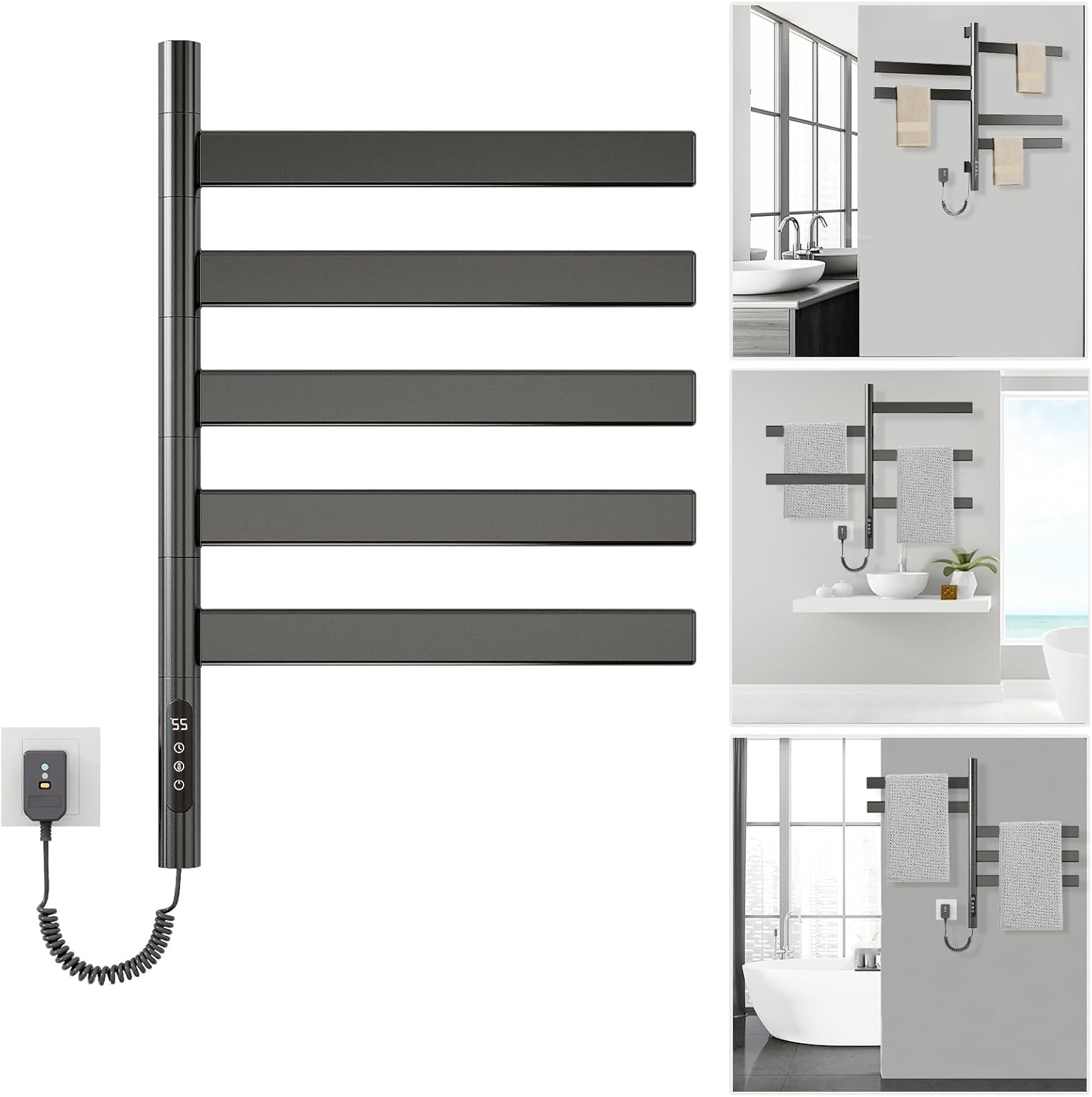 ZOYI 180°Drehung Heizkörper Bad Badheizkörper elektrisch, Elektrischer Handtuchtrockner, Handtuchheizkörper elektrisch, Handtuchwärmer elektrisch, Handtuchhalter elektrisch,220v,140w,Schwarz