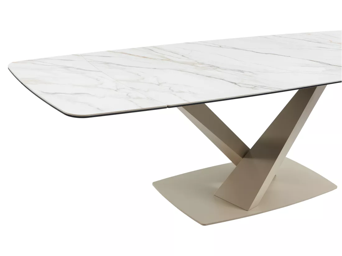 Table à manger extensible 6 à 10 personnes en verre trempé, céramique et métal - Effet marbre blanc et beige - MALATA de Maison Céphy