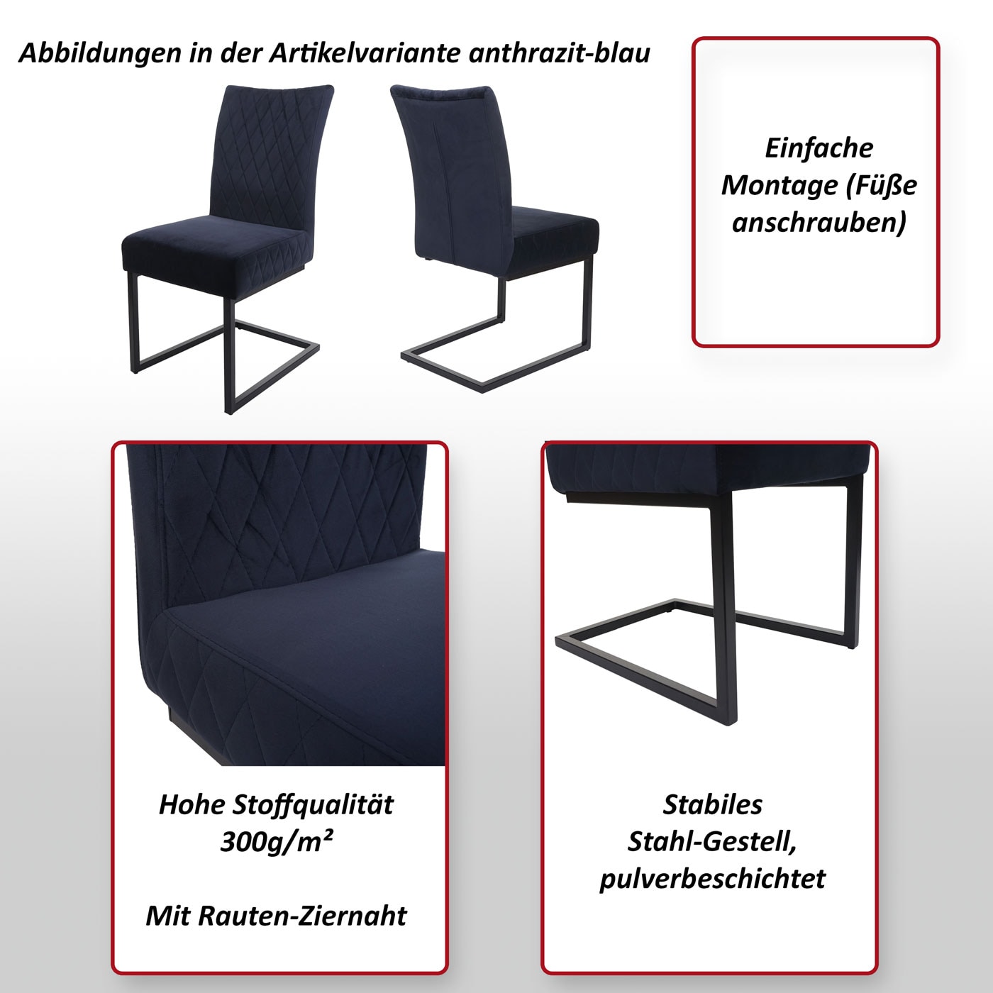 2er-Set Freischwinger MCW-L15, Besucherstuhl Konferenzstuhl Stuhl, Samt Stahl pulverbeschichtet ~ türkis-blau