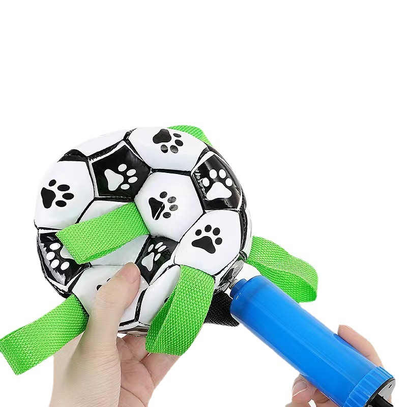 (Ø15cm) Interaktiver Hunde Ball Haustier Spielzeug Fussball mit Greiflaschen   Luftpumpe - Schwarz / Weiss / Grün
