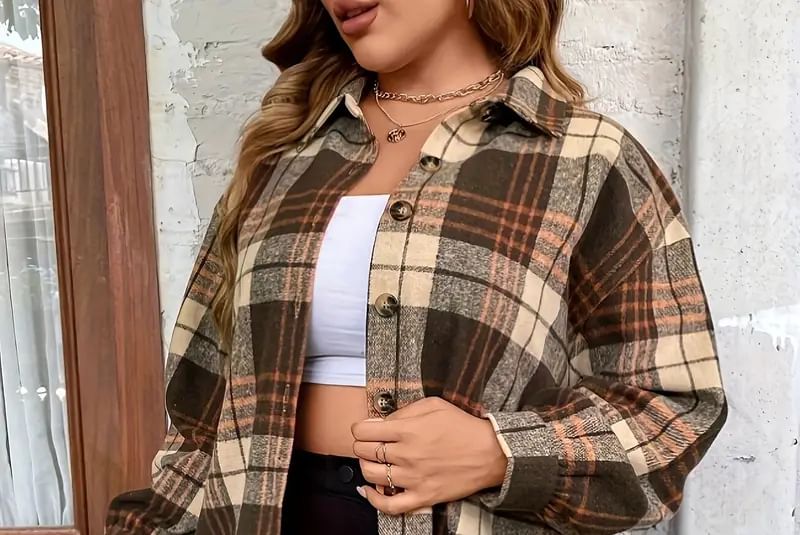 uliaque - Plus Size Geruit Tuniek Shirt met Lange Mouwen