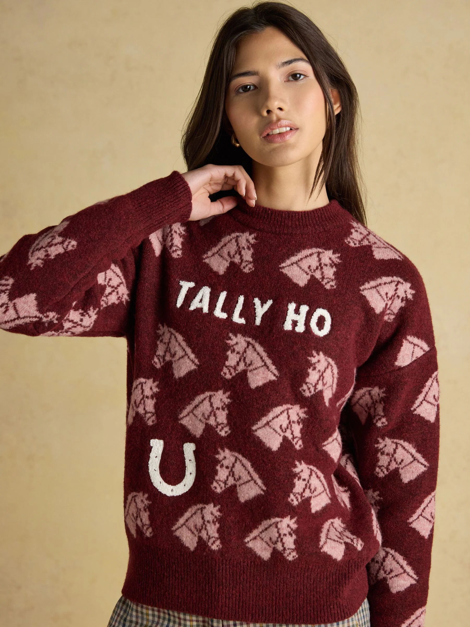 Bourgondisch Tally Ho - Joules Gebreide Trui met Ronde Hals