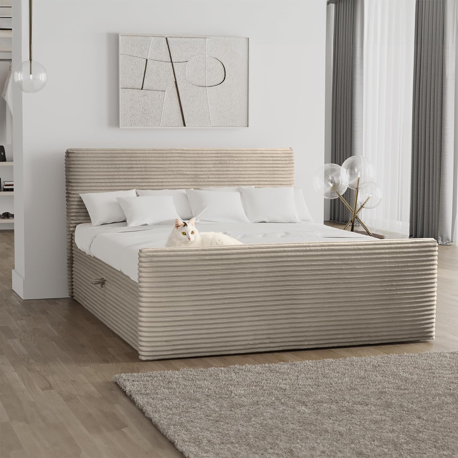 Kaiser Möbel - Bett 180x200 cm, Boxspringbett mit Bettkasten und Topper, Cord Schlafzimmerbett, Doppelbett mit Stauraum und Gepolstertes Kopfteil, Toppermatratze aus Viscoschaum - Trento - Beige