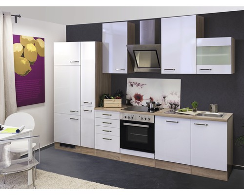 Flex Well keukenblok met Valero apparatuur, 310 cm, wit hoogglans, gedemonteerd, omkeerbare uitvoering 00008997