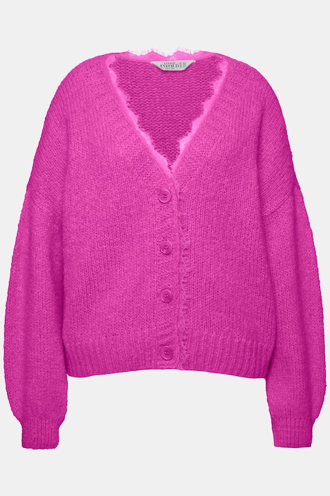 Strickjacke, oversized, Spitzenkante, Langarm