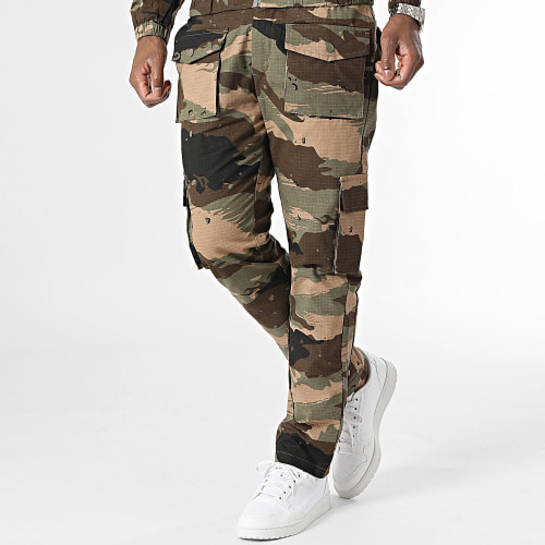 Ensemble Veste Zippée Et Pantalon Cargo Vert Kaki Marron Camouflage