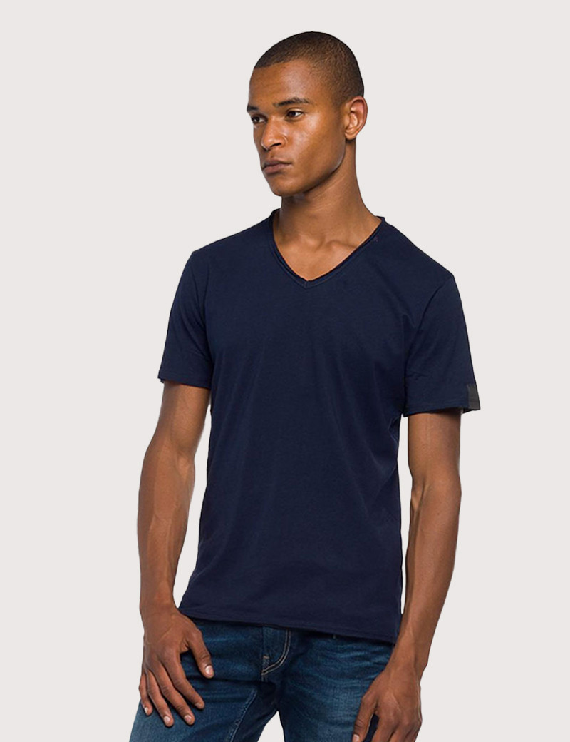 REPLAY T-SHIRT COL V COTON STEEL BLUE