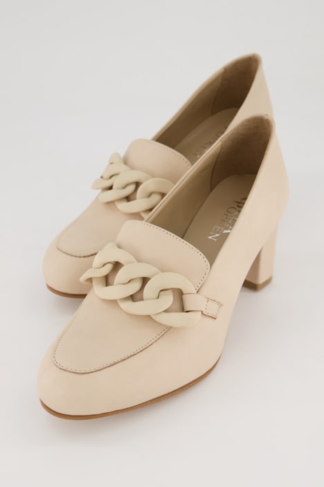 Leder-Pumps, Kette, Blockabsatz