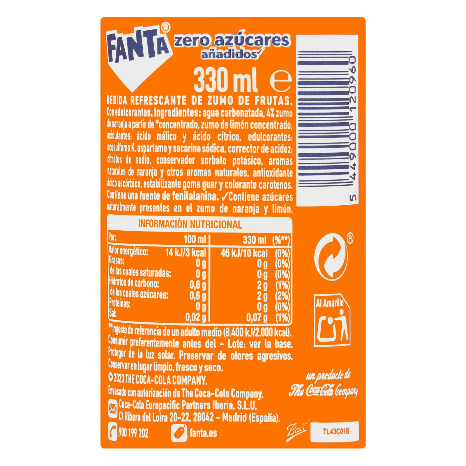 Boisson gazeuse Fanta à l'orange sans sucres ajoutés