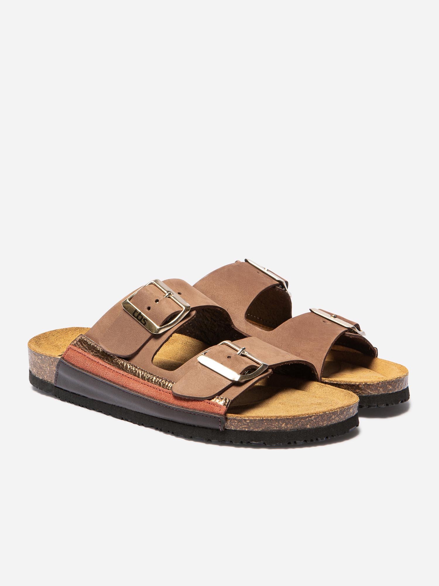 Mules Femme Cuir Fantaisie et Boucles Marron