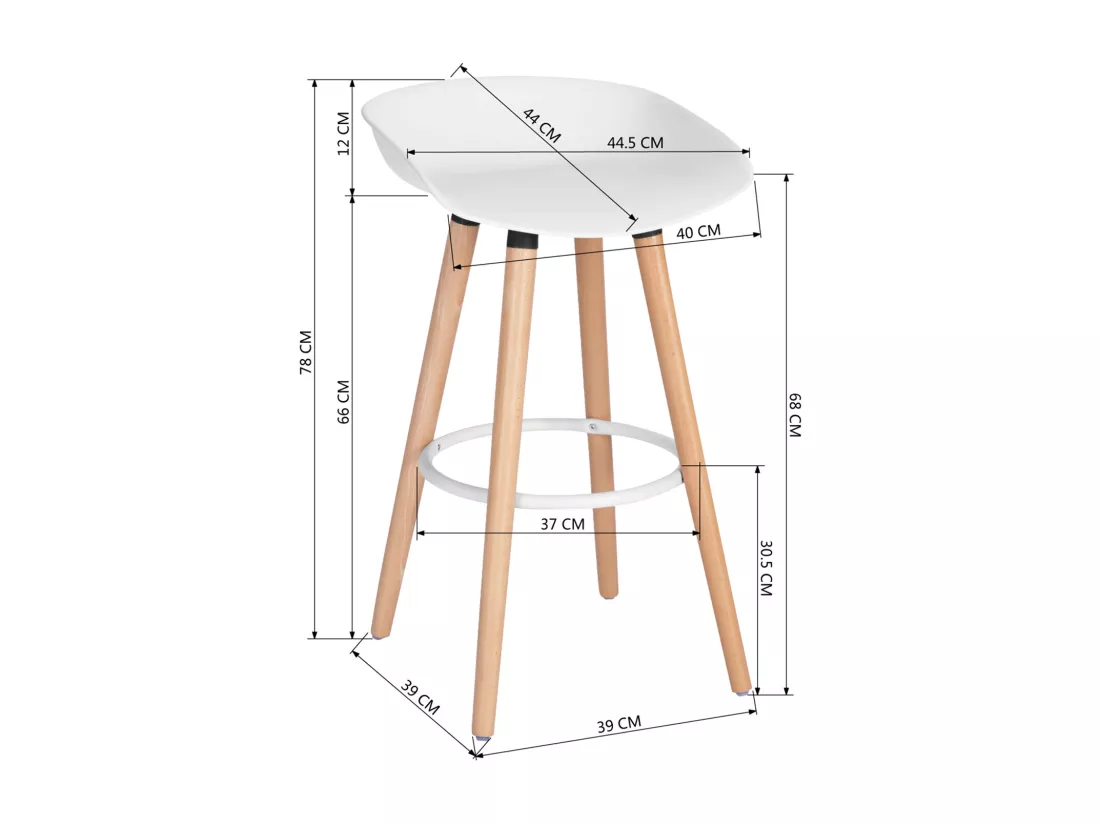 Lot de 2 tabourets de bar scandinave， Siège en plastique blanc, Pieds en bois, L45*D43.5*H77.5cm