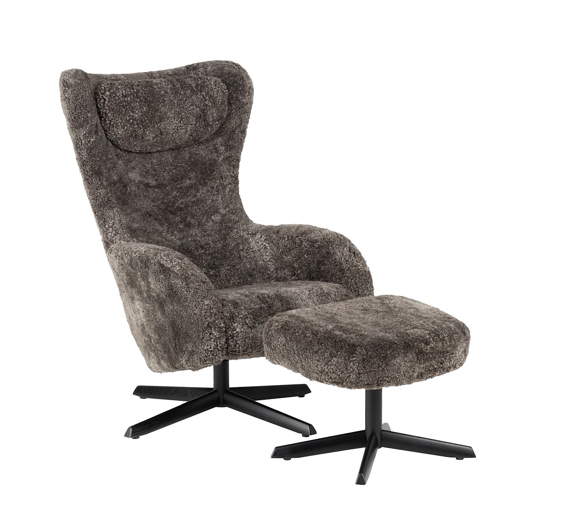 Bella hvilestol med krakk Fåreskinn Scandinavian Brown med sortlakkert S09 eik.