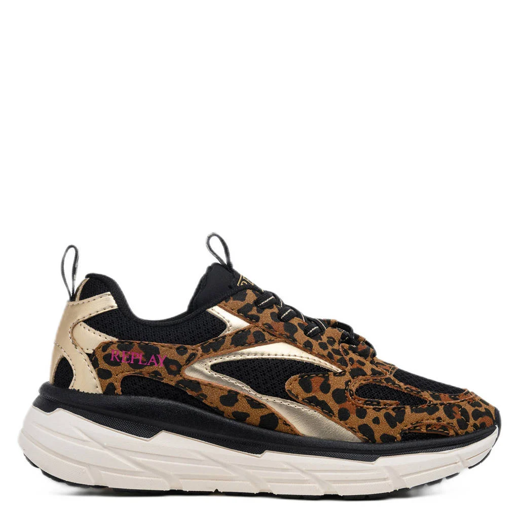 REPLAY Christal JR girl 7chunky sneakers met panterprint cognac/zwart